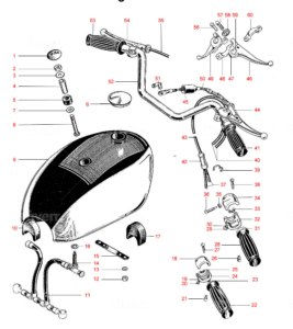 Handlebars, Cables, Controls & Fibreglass Petrol Tank